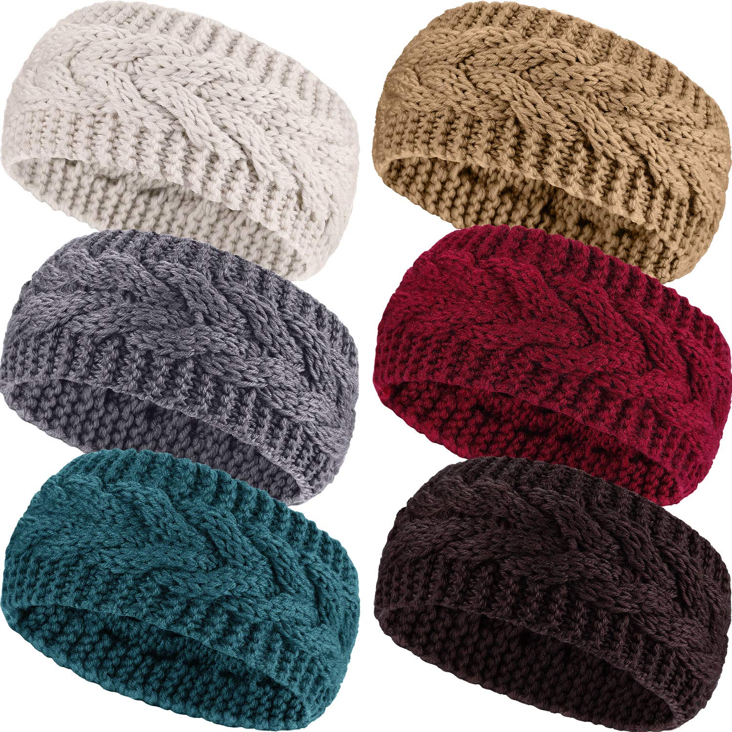 6 Pieces Winter Headbands Women s Cable Knitted Headbands, Winter Chunky Ear Warmers Suitable for Daily Wear and Sport, 21 x 11 cm, Red, Camel, Medium Gray, Turquoise, Beige, Brown