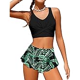 Qaoerde Girls Swimsuit Tropical Print Bikini Set with Ruffle Hem Two Piece Criss Cross Bathing Suits for Girls 7-14 Years