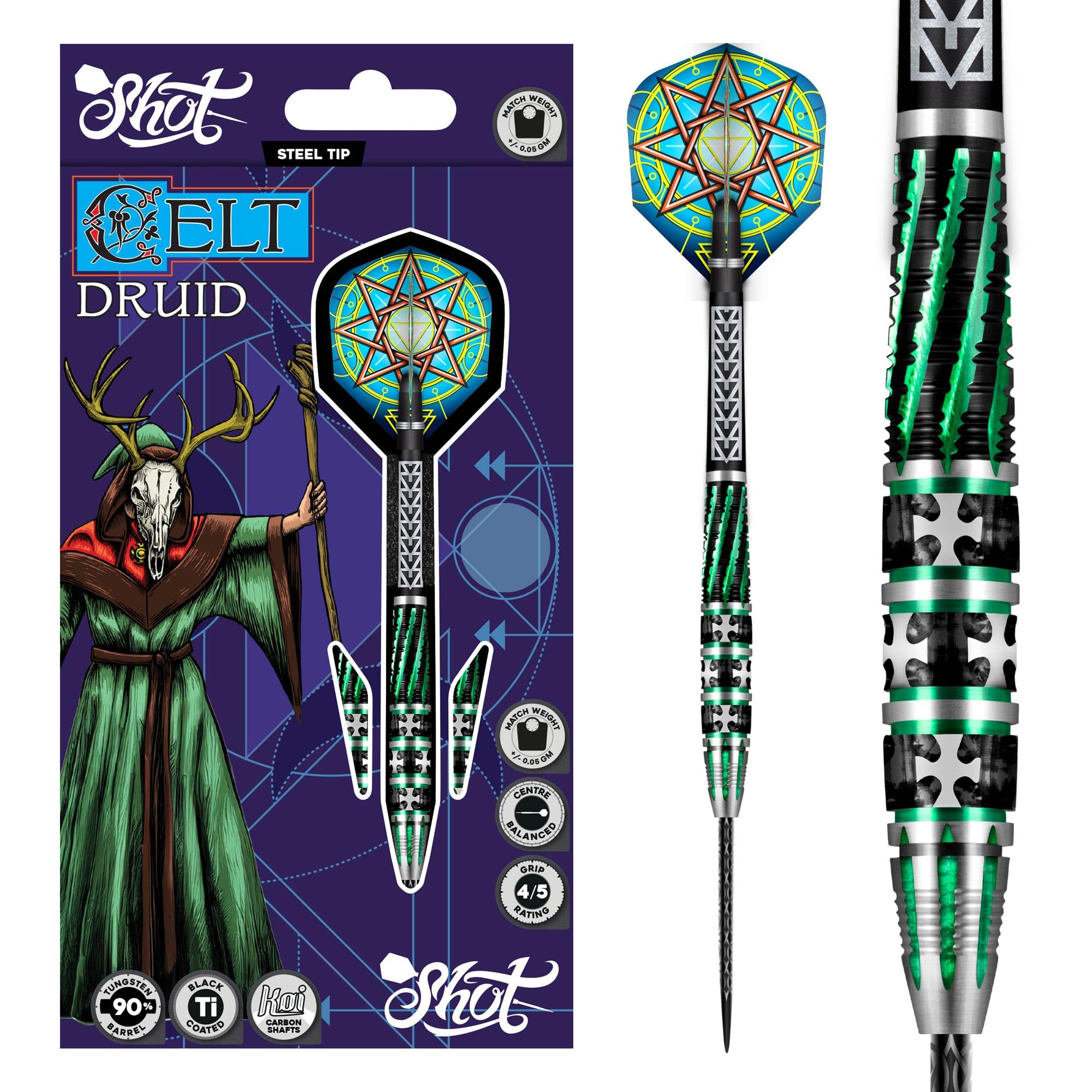 Celt Druid 90% Tungsten Pro Throwing Darts – Steel Tip Set, Professional – Made in New Zealand – Designed Dart Flights for Women & Men – Metal Tip Bar Darts for Adults