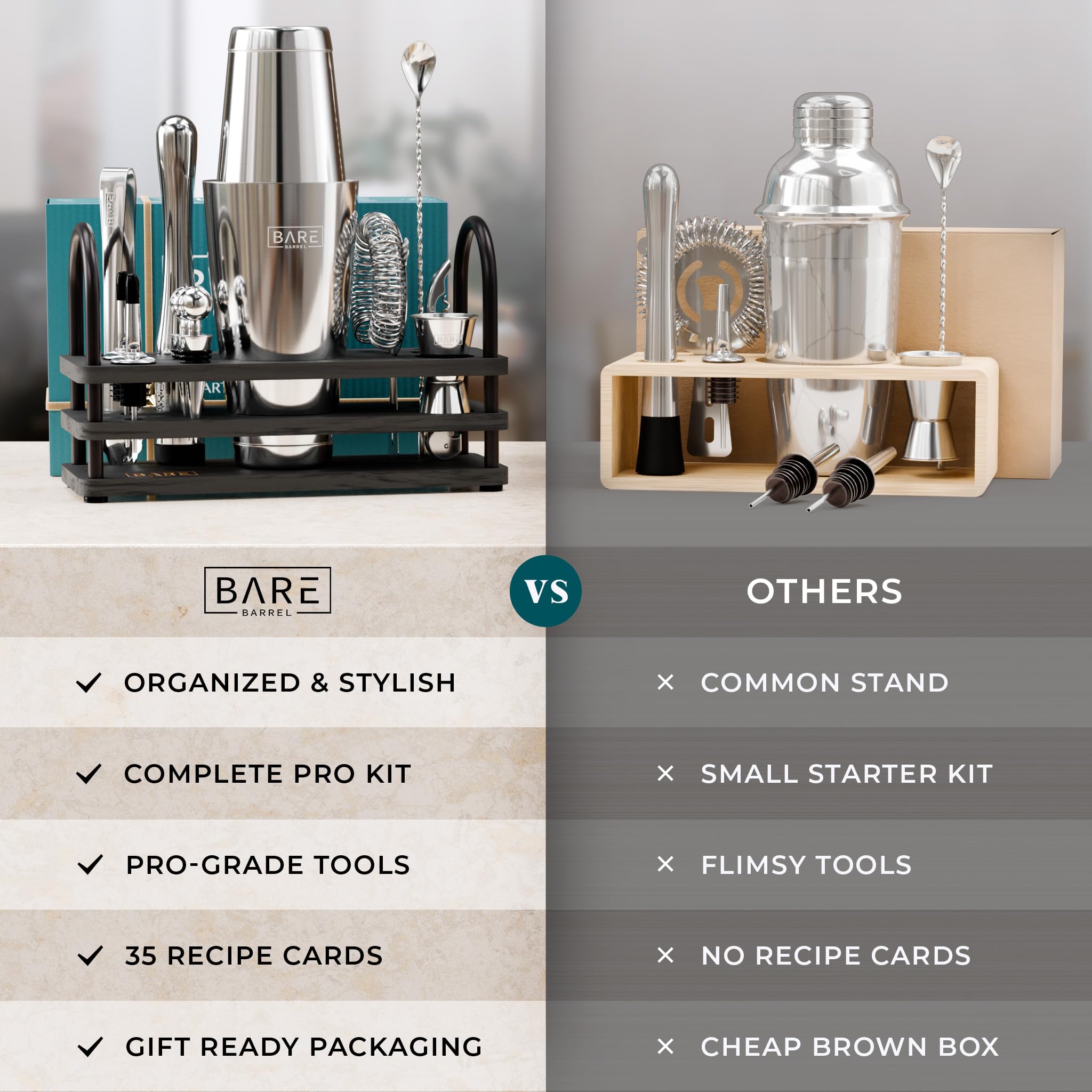 BARE BARREL® Mixology Bartender Kit Bar Set | 14-Piece Cocktail Shaker Set | Martini Barware Mixing Tools for Home Bartending | 35 Recipe Cards | Gift Set (28oz Boston Shaker, Silver/Black)