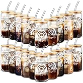 Uiifan 20 Pcs Valentine's Day Employee Appreciation Gifts Thank You Glass Cup for Team Employee Staff Coworker Teacher Nurse 16 oz Rainbow Sign Cups Can with Bamboo Lid Glass Straw Valentine Gift