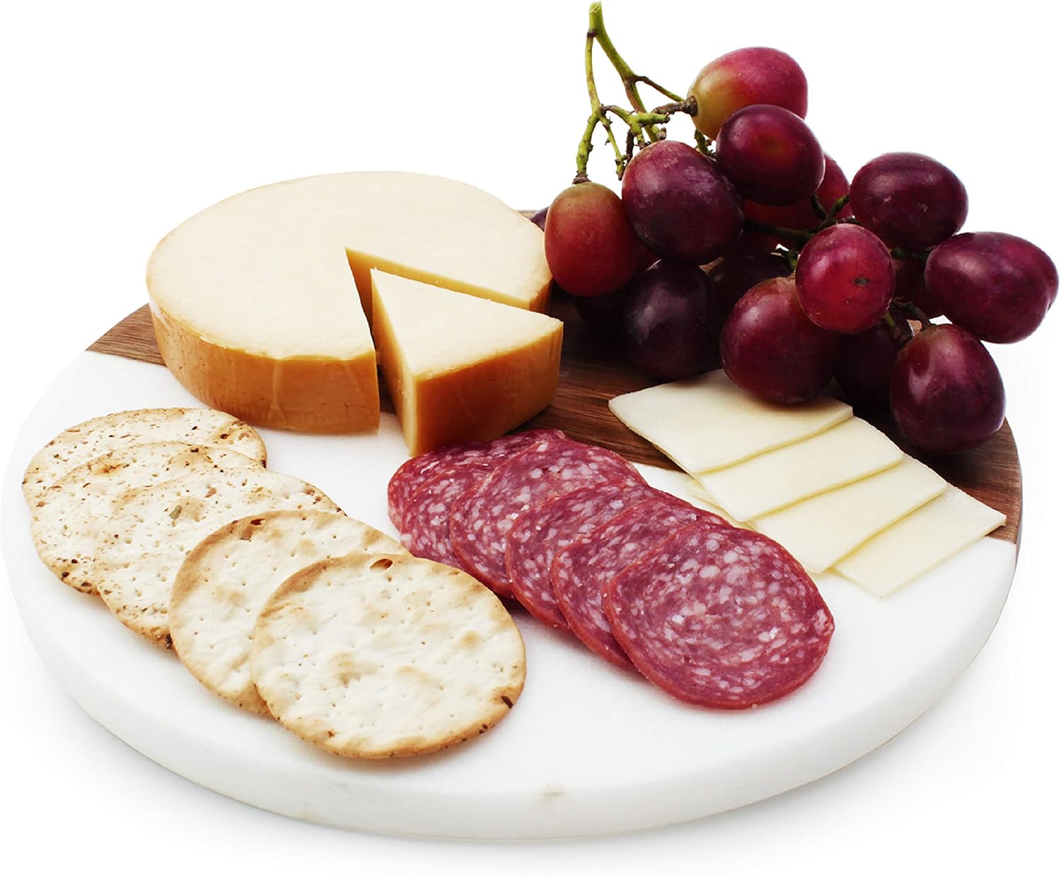 Amazon Com Slice Of Goodness Small Round Cheese Board 10 X 10 Real Bamboo Wood And Marble Charcuterie Board Party Plate Tray With Leather Handle Kitchen Dining