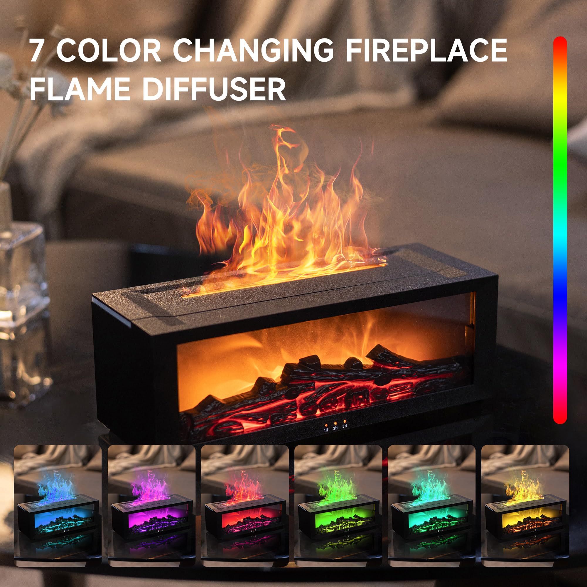 Fireplace Flame Air Diffuser Humidifier,7 Colors Aromatherapy Essential Oil Diffuser,Ultrasonic Aroma Humidifier with Timer for Home,Bedroom,Office,Yoga (Black, L)