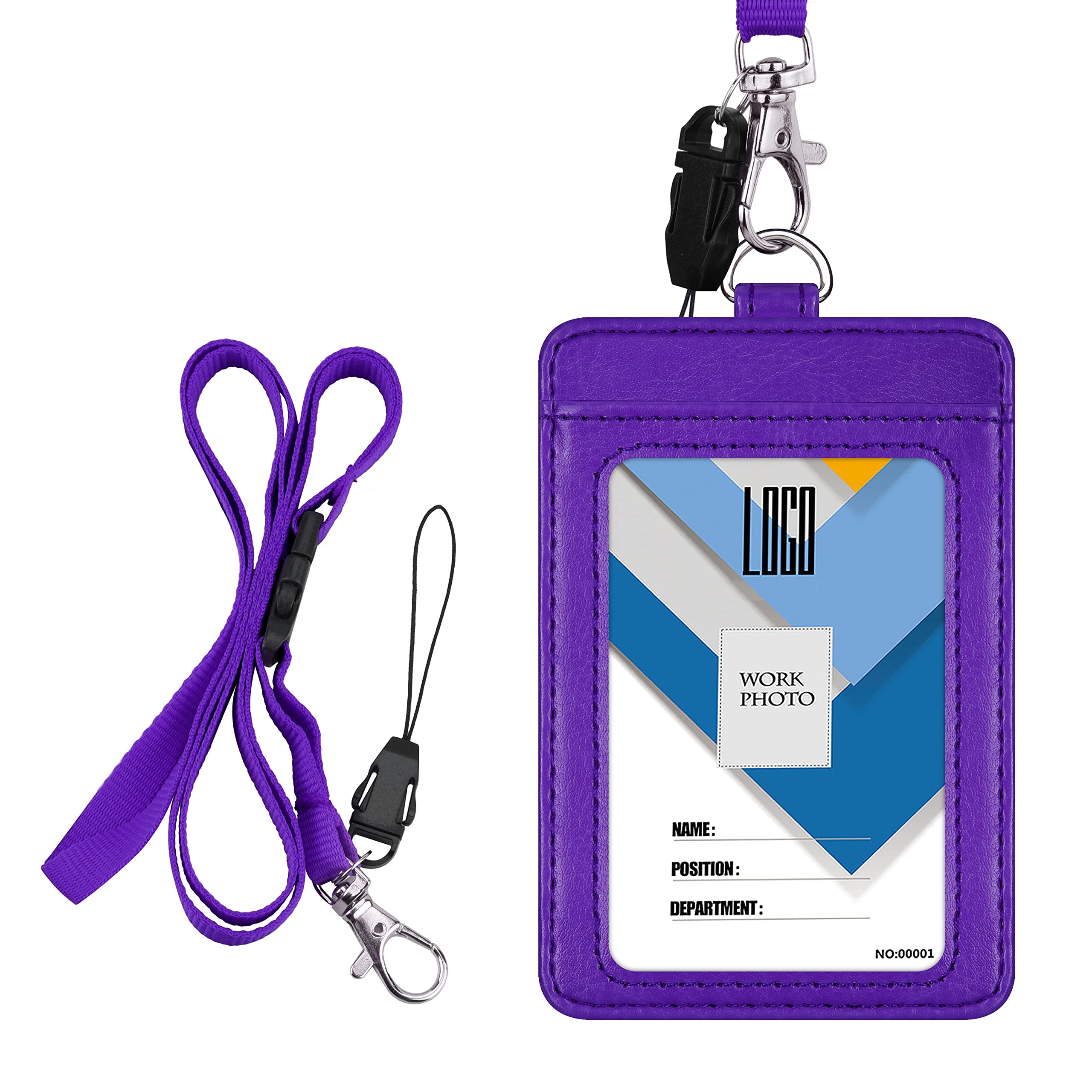 Wisdompro Badge Holder, Double Sided PU Leather Bus Pass Holder with 1 Clear ID Name Window and 1 Identity Credit Card Slot and 22 Inch Detachable Neck Lanyard Strap - Purple (Vertical)