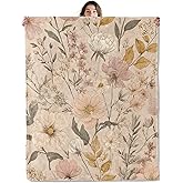 SOMEKLLY Vintage Botanical Throw Blanket Soft Cozy Lightweight Flannel Blankets with Wildflower and Leaf Printed for Women Bedroom Dorm Office Elegant Neutral Floral Decor Gifts 50x60 Inch
