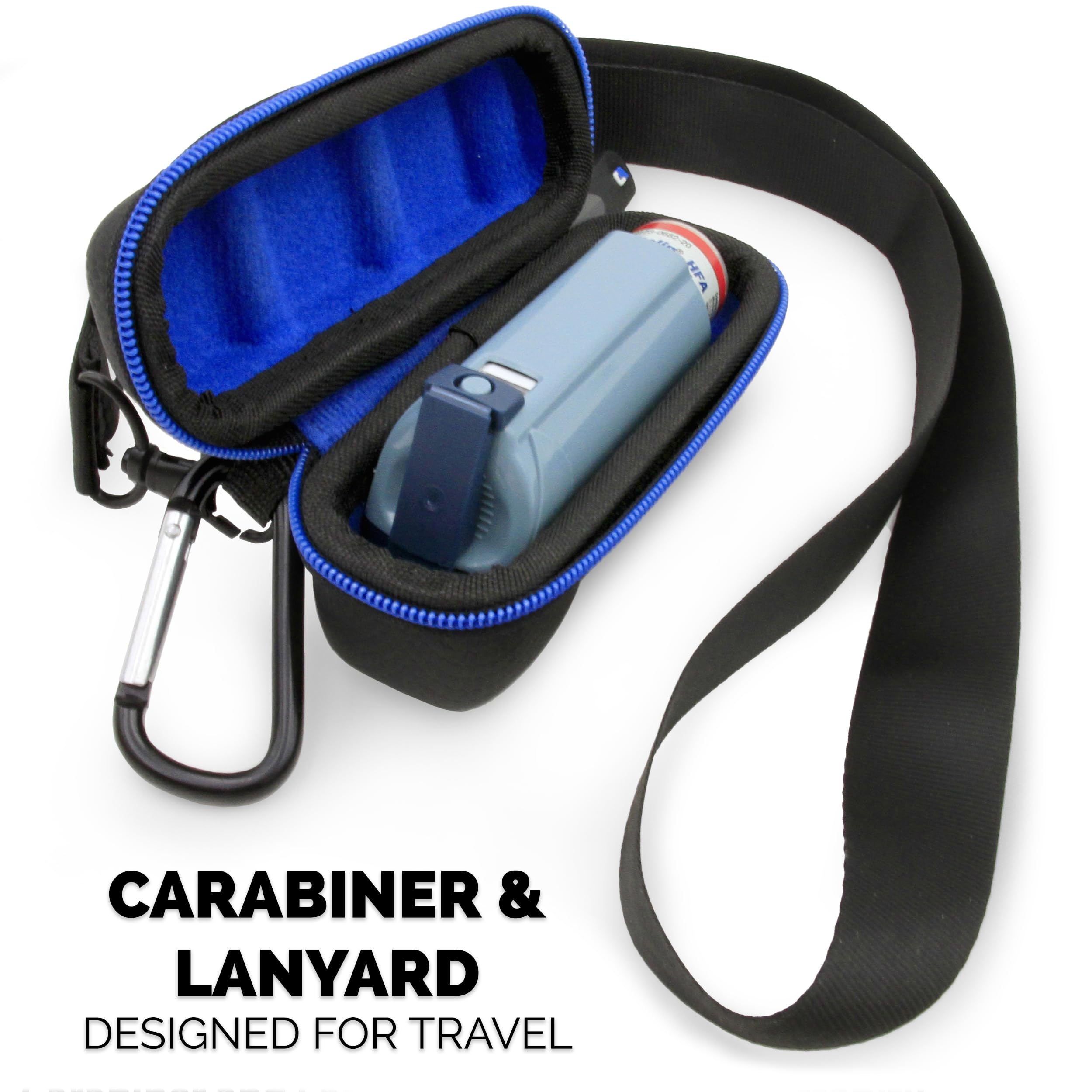 CASEMATIX Asthma Inhaler Travel Case with Lanyard and Clip-on Keychain Carabiner, Includes Inhaler Holder Case Only, Black
