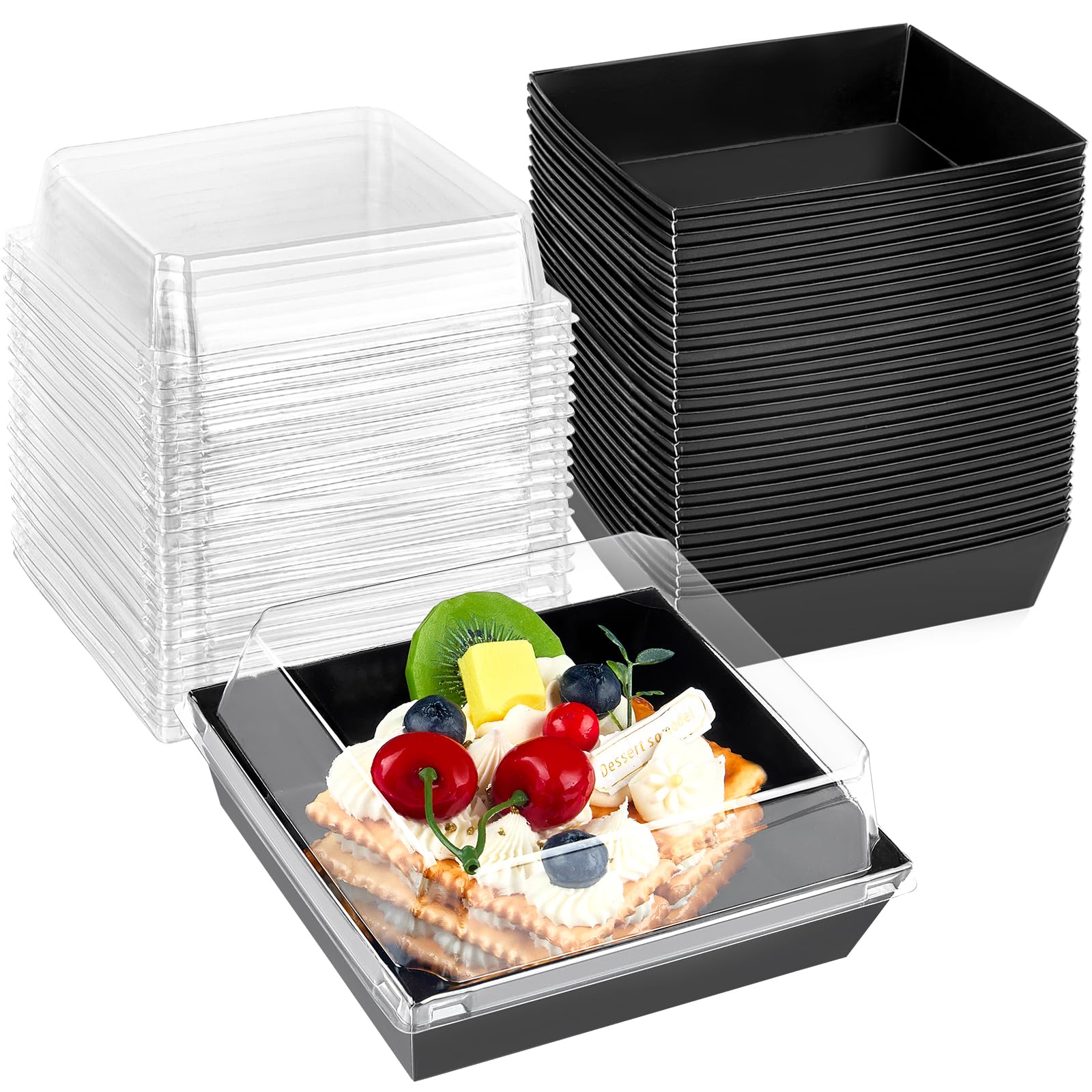 Photo 1 of Kucoele 50 Pack Small Charcuterie Boxes with Clear Lids, To Go Paper Dessert Boxes Bakery Boxes, 5 Inches Disposable Food Containers for Cookies, Cupcakes, Slice Cakes, Strawberries (Black)