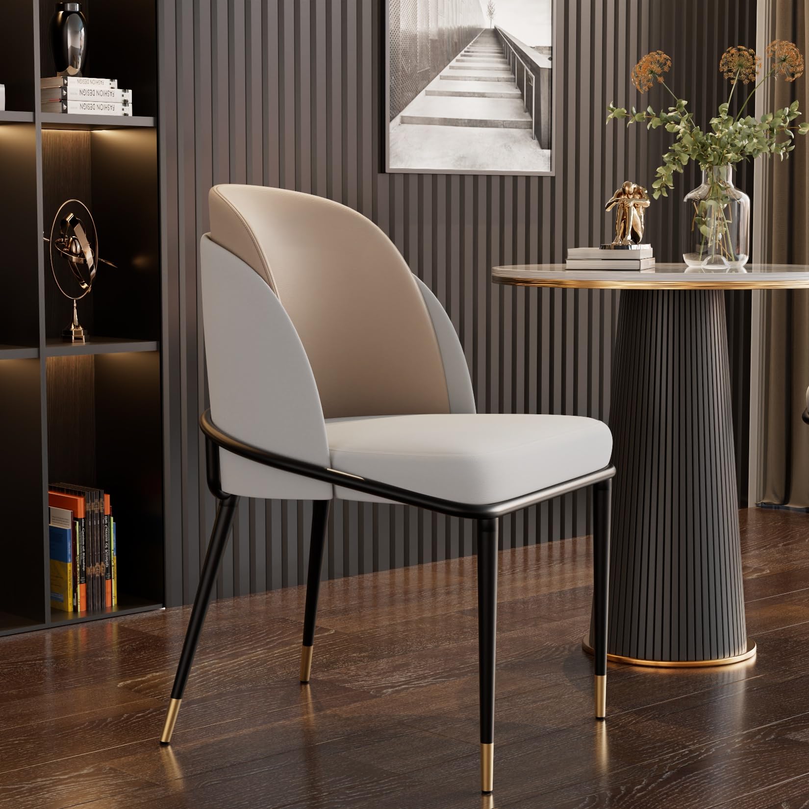 Photo 1 of Dining Chairs Set of 2: Faux Leather Upholstered Makeup Chair with Arched Backrest - Armless Vanity Chairs with Metal Legs for Kitchen Living Room Bedroom (Light Brown)