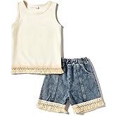 Voxikidio 4-8 Years Girls Short Set 2 Piece Sleeveless Fringe Trim Top & Washed Denim Short Summer Clothing Outfits Set