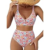 Herseas Women's 2 Piece Floral Print Bikini Sets V Neck Stitch Swimsuits High Waisted Bathing Suit Beach Summer Swimwear
