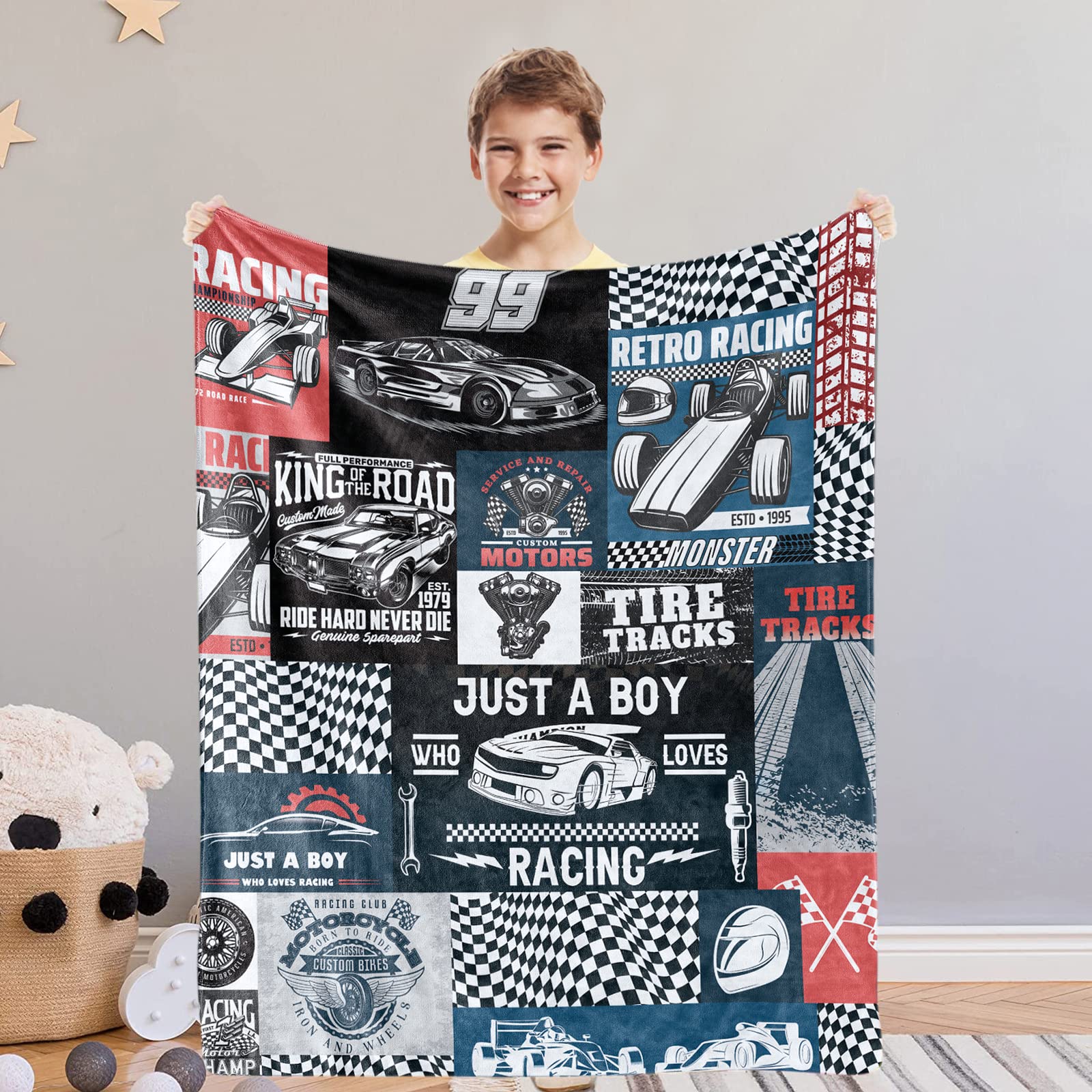 Domgoge Race Car Blanket Cool Throw Blankets Gifts Extreme Sports Lover Warm Lightweight Flannel Fleece All Season, Blue Red, 101cm x 127cm, Racing-boy (TZ-00330-40x50-racing)