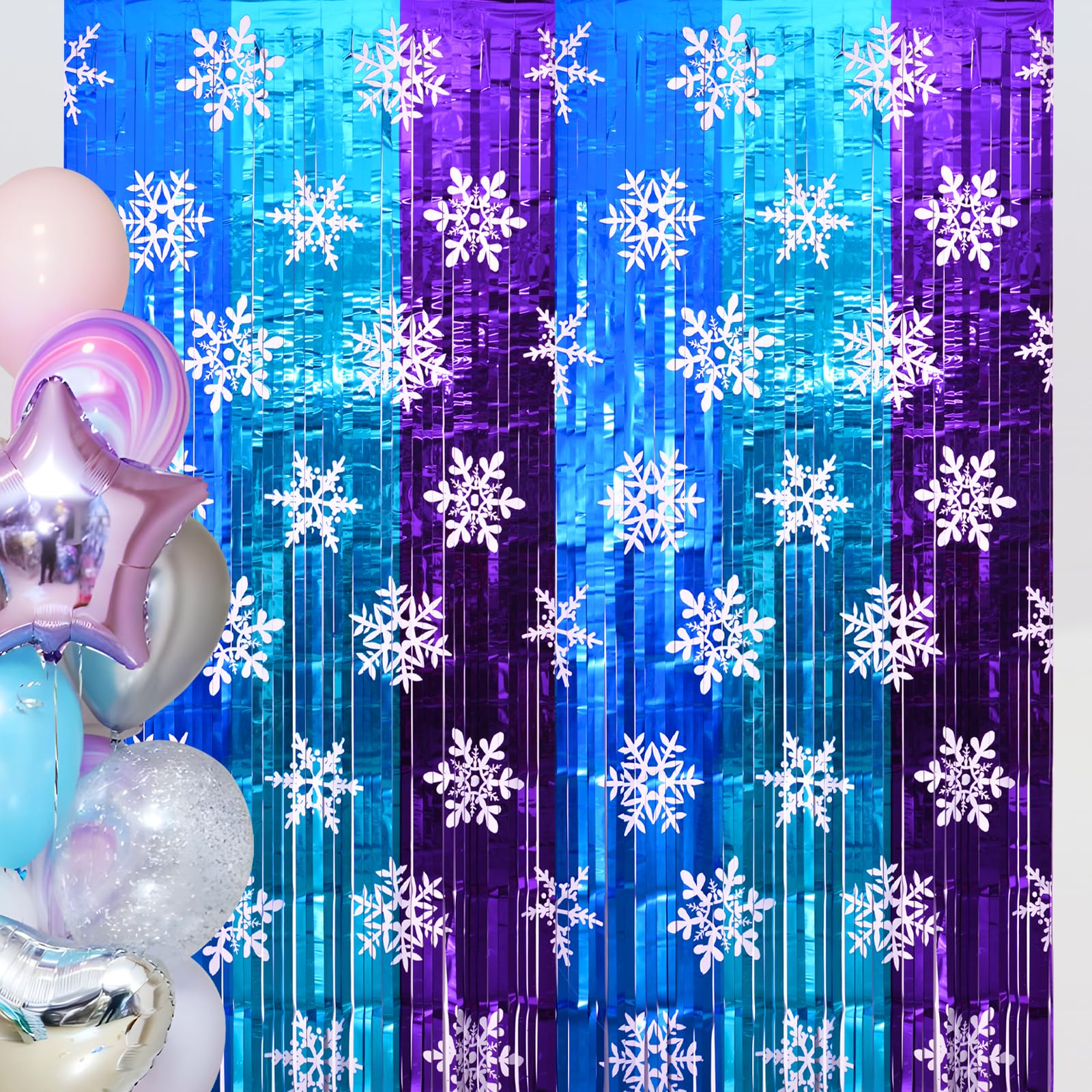 Bupelo Winter Princess Birthday Party Decorations, 2 Pack Ice Birthday Party Supplies 3.3x6.6ft Tinsel Foil Fringe Curtains, Winter Photo Booth Prop Backdrop Streamer, Snowflake Birthday Party Decor