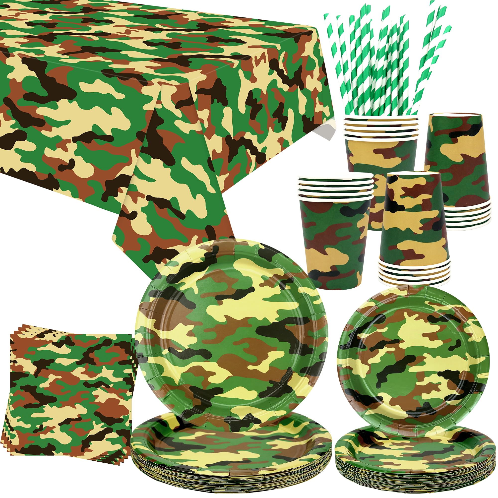 Camo Party Supplies - Army Party Tableware - Dinner Plates Desserts Plates Cups Napkins Tablecover Straws for Boy Camouflages Hunting Military Party Supplies, Serves 40 (40)