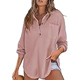 DERAX Women's Oversized Waffle Knit Shirt Henley Button Down Crochet Top Long Sleeve V Neck Loose Fit Tunic Blouse Pink L
