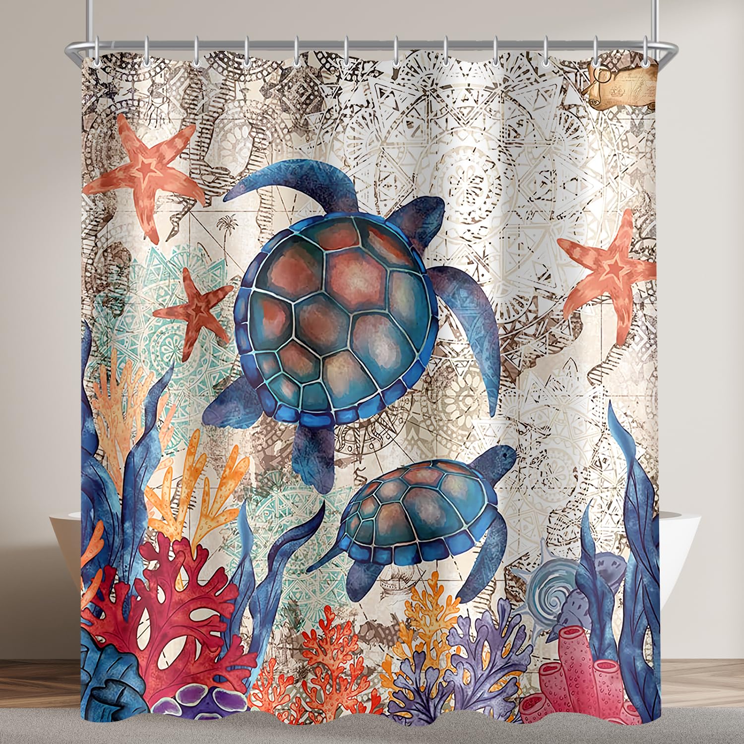 Lerores - Shower Curtain 240 x 200 cm, Anti-Mould Turtle Star Textile, Weighted Bottom, Waterproof and Washable Polyester Bath Curtain with 16 Eyelets and Shower Curtain Rings for