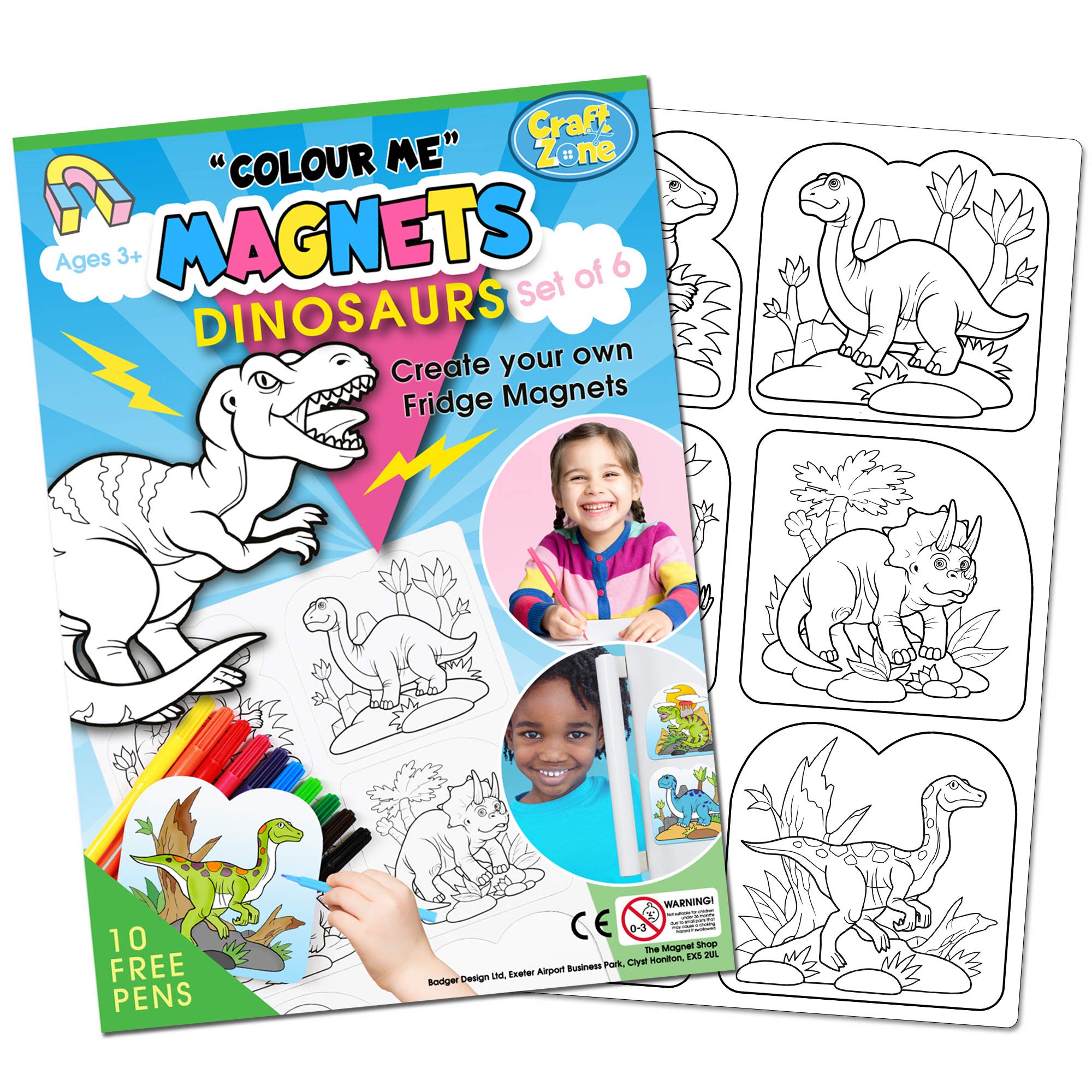 Colour Me Magnets! - Colour In Magnetic Crafts for Children and Toddlers, Made with Soft, Flexible and CE Approved Materials. Each Pack has 6 Designs and 10 Free Felt Tip Pens! (Dinosaurs)