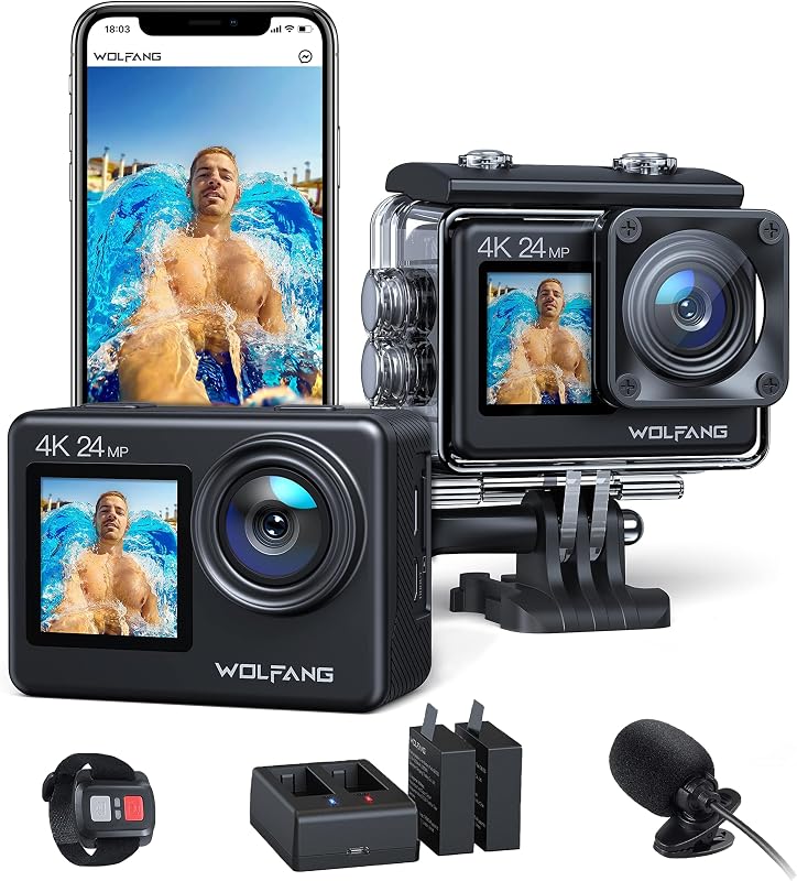 GA200 Action Cam 4K 24MP Unterwasserkamera WiFi 40M wasserdichte EIS Bildstabilisator Touchscreen Helmkamera 170° Weitwinkel Camcorder (Ladegerät, Fernbedienung, 2 Akkus und Zubehör Kit)