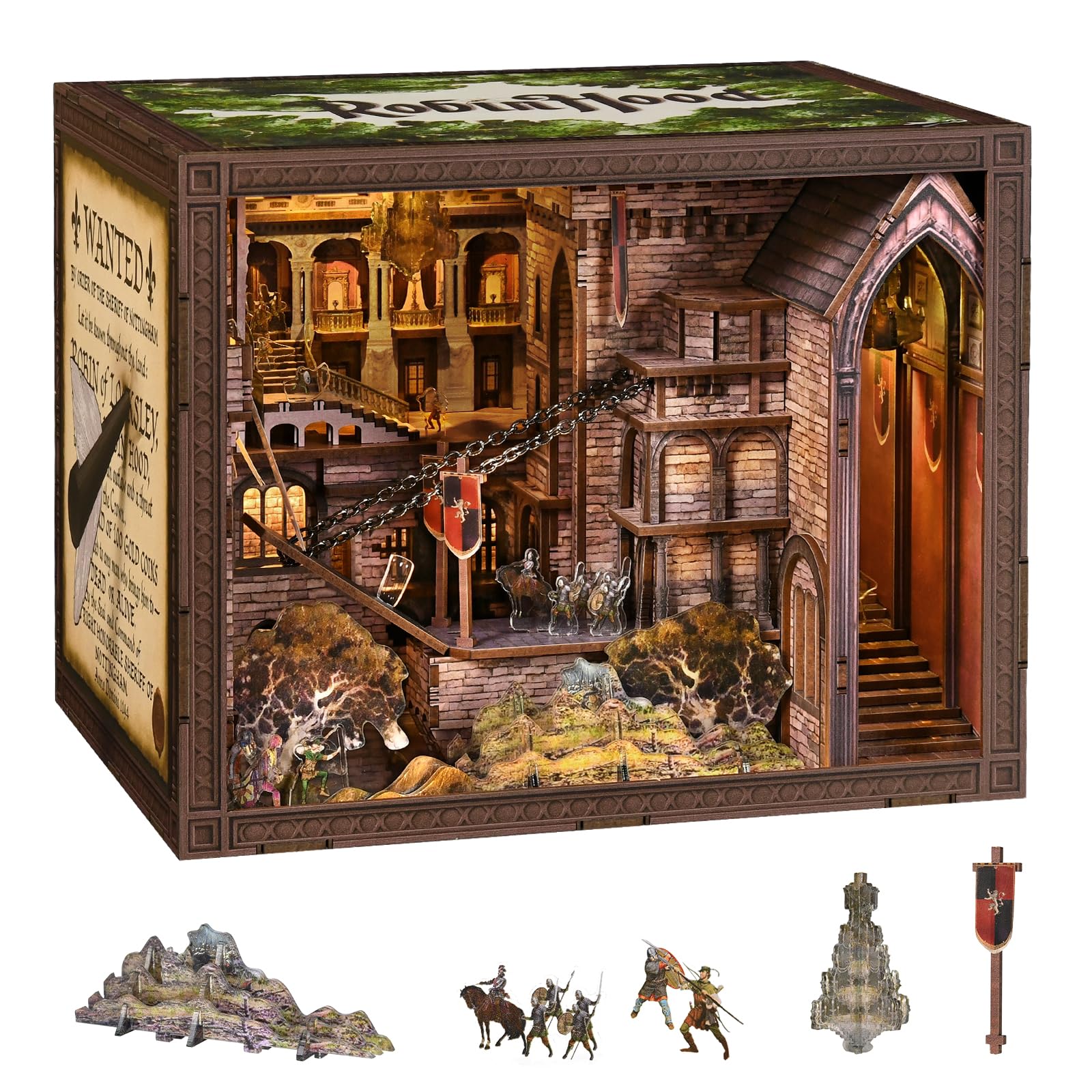 MiniCity DIY 3D Wooden Puzzle Book Nook Bookshelf Insert Decor with LED Light and Dust Cover for Teens and Adults(Robin Hood)