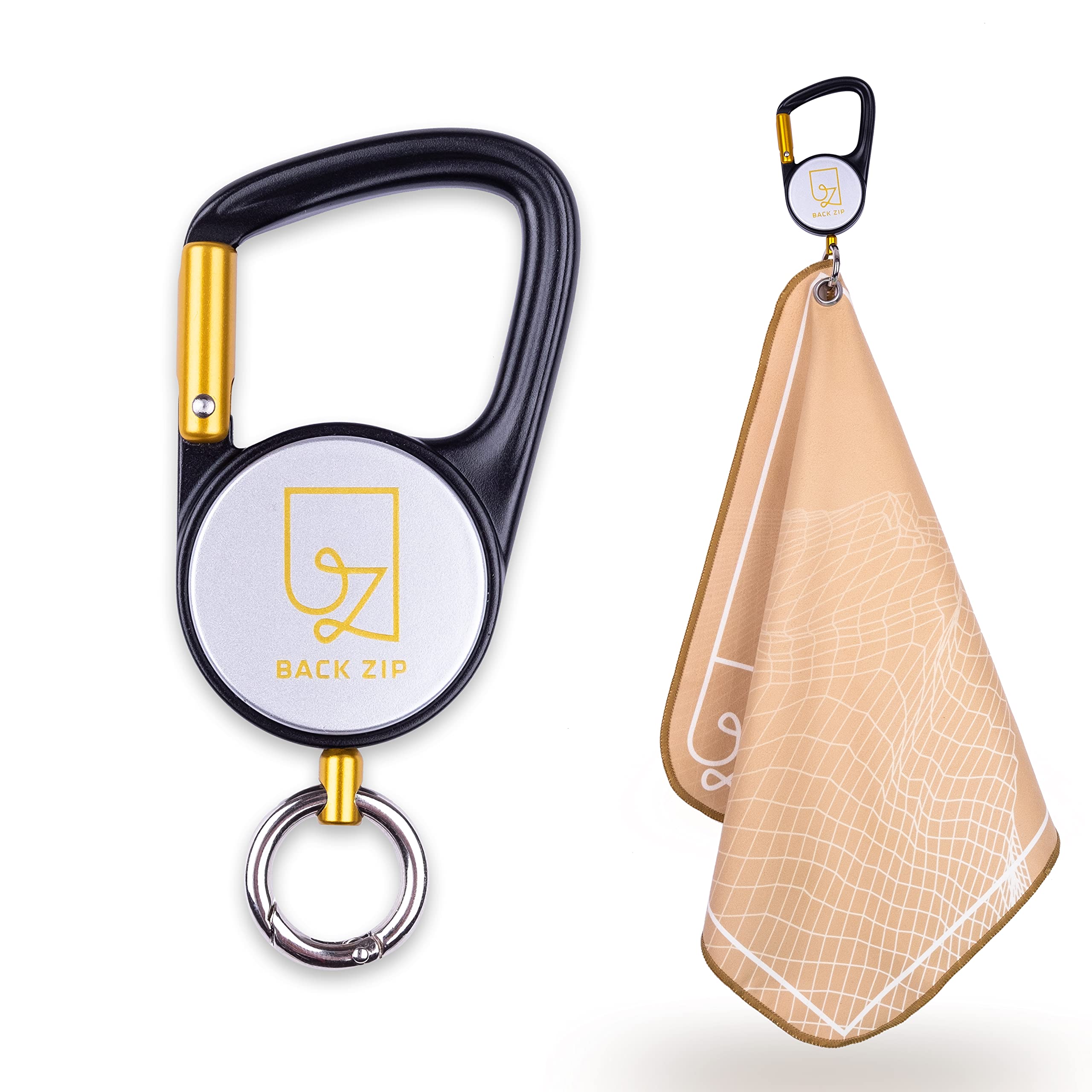 keenon sports® Multifunctional Carabiner with Retractable Pull Cable Plus Microfibre Towel Set of 2 - Hiking, Climbing, MTB, Ski Touring - Hanging on Backpack - For Fixing the Climbing Brush (Black)