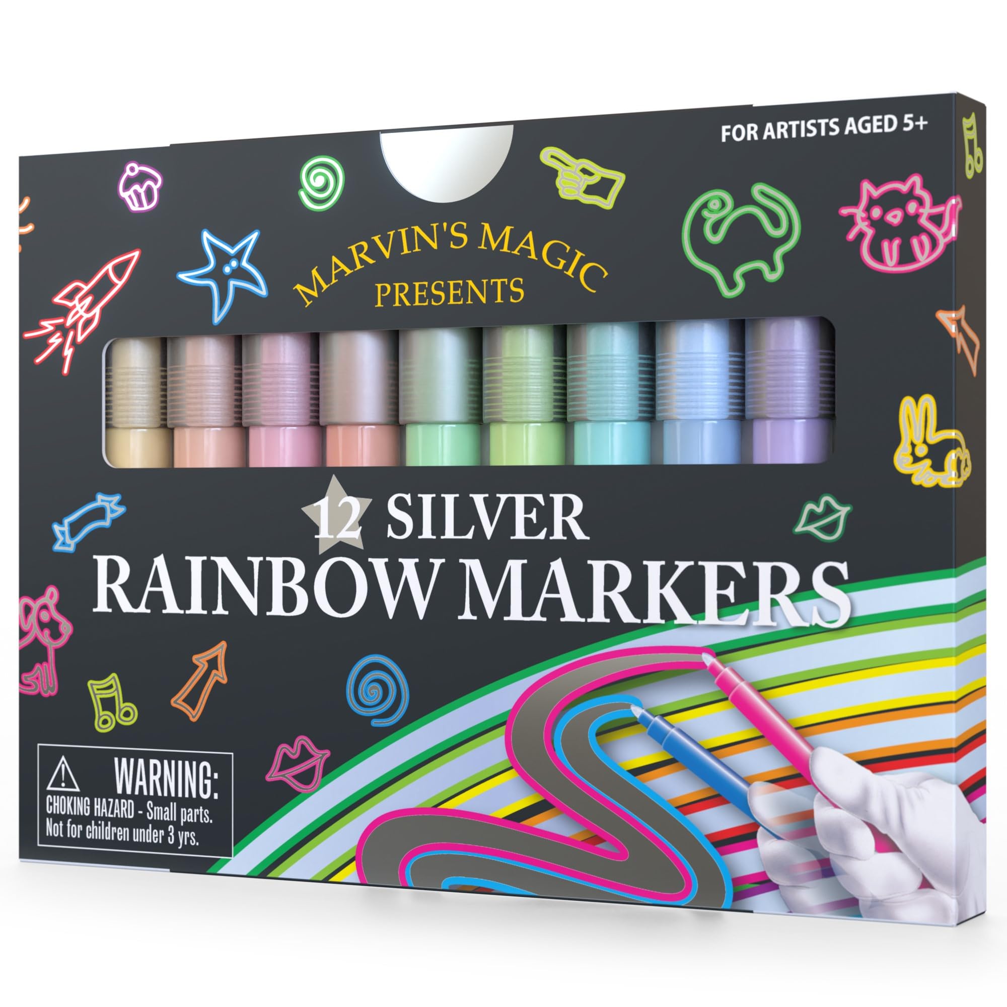 Marvin's Magic - Amazing Silver Rainbow Markers - 12 Markers - Children's Pens - Ideal for Kids' Art Projects - Create Shimmering and Colourful Artwork