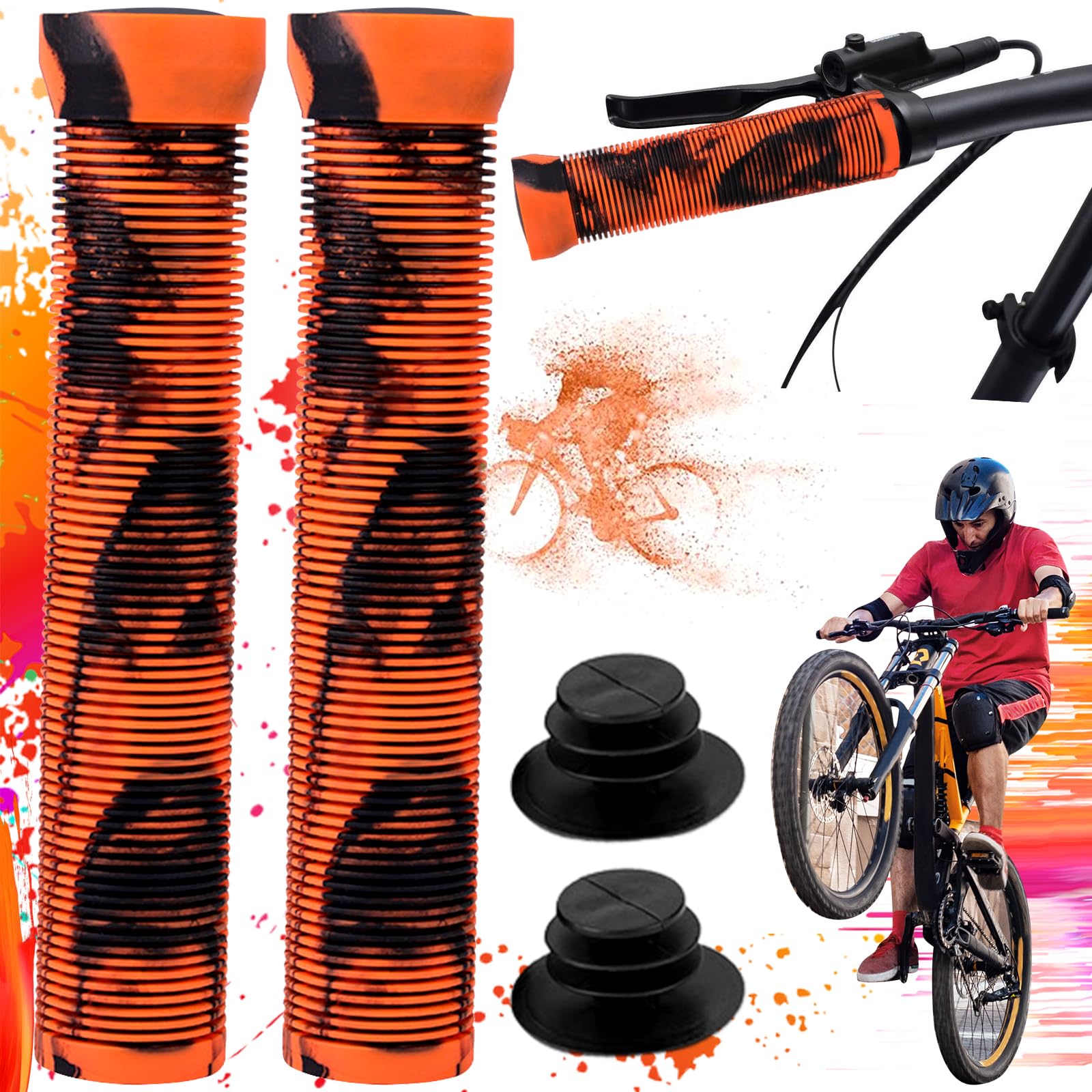 SoundZero 1 Pair MTB Handlebar Grips, 22 mm Rubber Handlebar Grips, Ergonomic Rubber Bicycle Grips, Non-slip Cushioned MTB Handlebars, Scooter Grips (Black Orange)