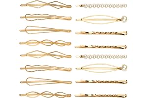 SUMAJU 16 Pieces Geometric Metal Hair Pins, Pearls Hair Clips Elegant Hair Barrettes Bridal Gold Metal Bobby Pins Dainty Embellished Bobby Pins for Woman and Girls