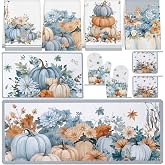 Fourluoo 10 Pcs Fall Kitchen Decor Blue Pumpkin Kitchen Accessories Set | Autumn Dish Towels Set, Dusty Blue Oven Mitts and Pot Holders, Rug and Mats, Women Mom Gift, for Cooking Grilling BBQ Baking
