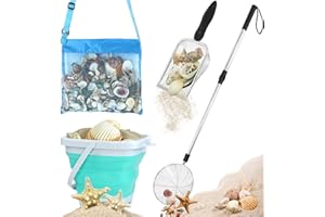 FETHWOIN Shark Tooth Sifter, Beach Sand Sifter, Sea Shell Scooper for Beach, Shell Bags&Foldable Bucket, Sand Beach Toys for Kids 6 8 10 12, Medium, Blue