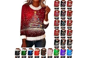 LIKEOULI Christmas Sweatshirts for Women Fuzzy Faux Fur Trim Fancy Casual Long Sleeve Pullover Loose Fashion Printed Tops