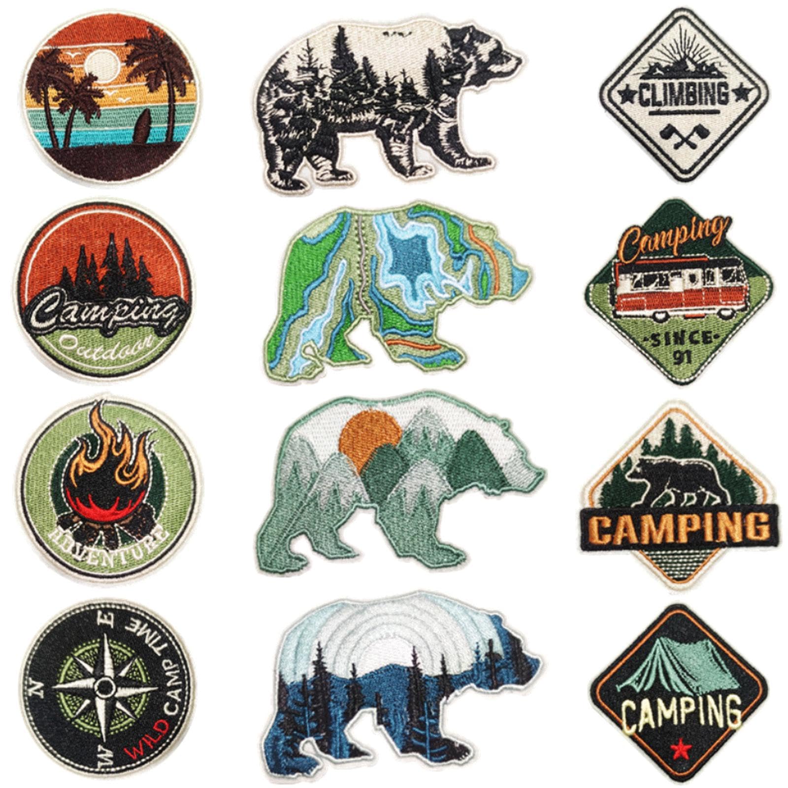 Photo 1 of 12PCS Trucker Hat Outdoor Camping Bear Iron on Patches,Wild Hiking Climbing Adventure Embroidered Iron on Badges for Clothes,Custom Applique for Hats,Jeans,Jackets,Backpacks,Dress?Clothes DIY Craft