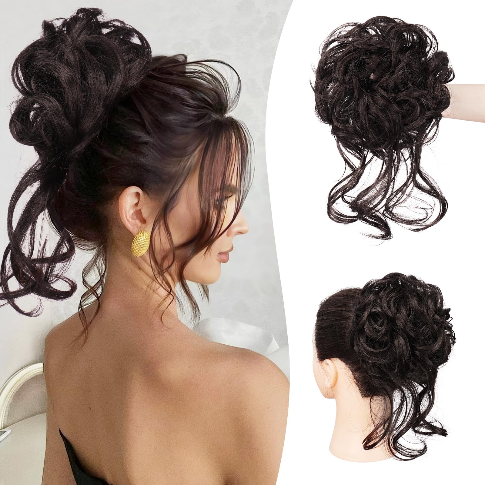 Sofeiyan Messy Bun Hair Piece Curly Wavy Hair Extensions Synthetic Tousled Updo with Tendrils Hairpieces Bun Donut Accessories Scrunchies for Women, Dark Brown