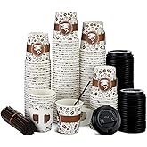 Tessco 200 Set 4 oz Disposable Espresso Cups Bulk with Lids Wide Handles Straws Printed Paper Disposable Coffee Cups for Hot Chocolate,Tea,Cocoa