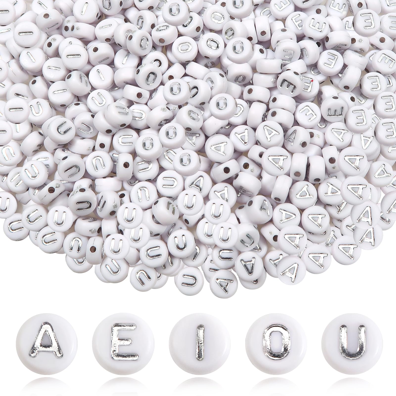 TOAOB 500pcs Vowel Letter Beads 7mm Round Acrylic Alphabet Beads with Silver Word A E I O U for Necklace Bracelet Jewellery Making — image 1