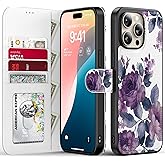 FUNMIKO for iPhone 15 Pro Case Wallet,Detachable Flip Folio Leather Cover,RFID Blocking 4 Card Holder,Magnetic Kickstand,Protective Phone Shell for Women Girls,Purple Blooming Flowers