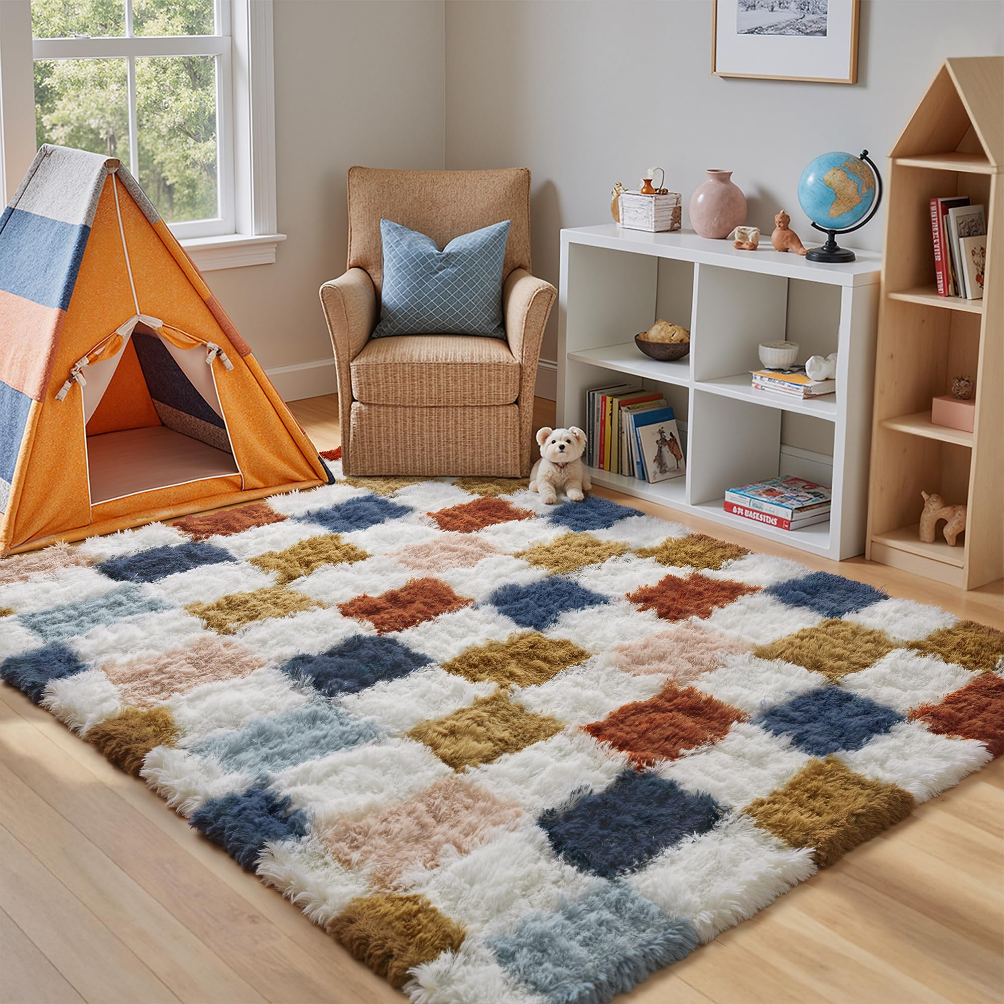 Photo 1 of PureCozy Checkered Rug 4x6 for Living Room, Modern Rainbow Shag Rug Super Soft Washable Fluffy Rugs Indoor Fuzzy Carpet for Bedroom Home Dorm Aesthetic Decor