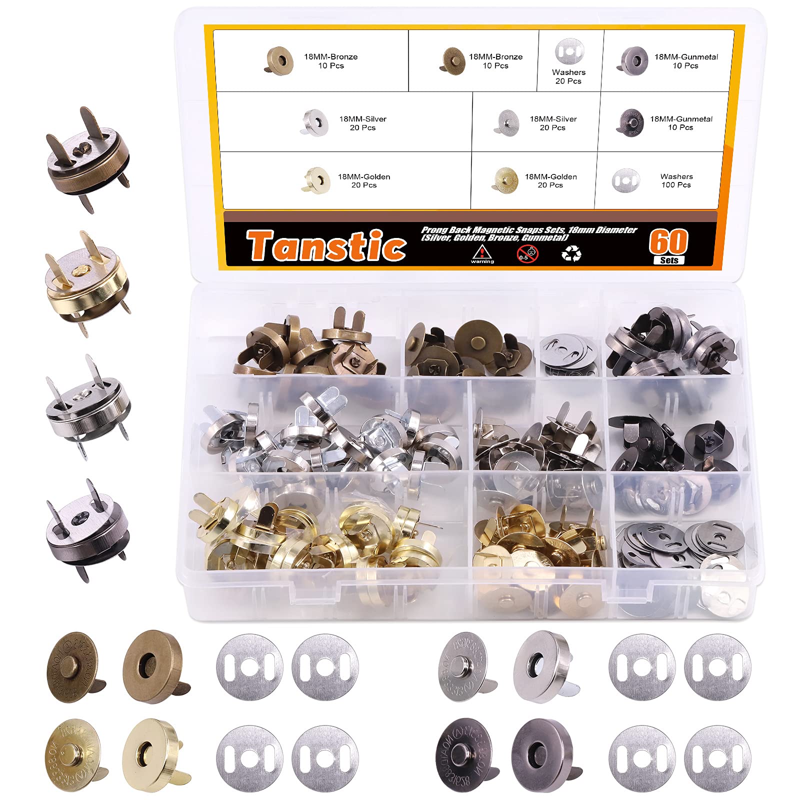 Tanstic 60 Sets 18mm 4 Color Magnetic Button Clasps Snaps Fastener Clasps Button Knitting Buttons Sets for Sewing, Craft, Purses, Bags, Clothes, Leather