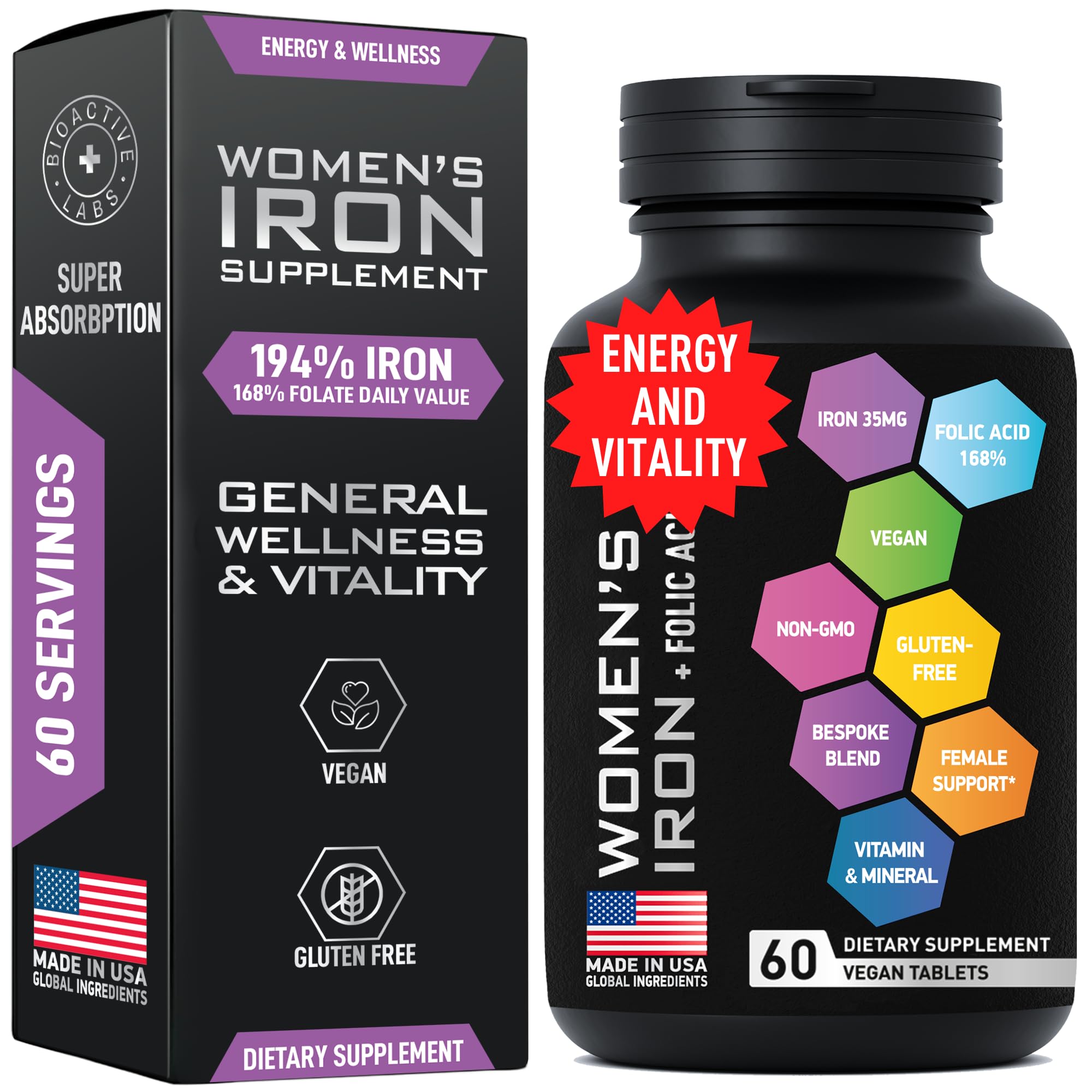 BIOACTIVE LABS Liquid Collagen with Ashwagandha and Vegan Iron Supplements with Folic Acid Female Health Support Bundle