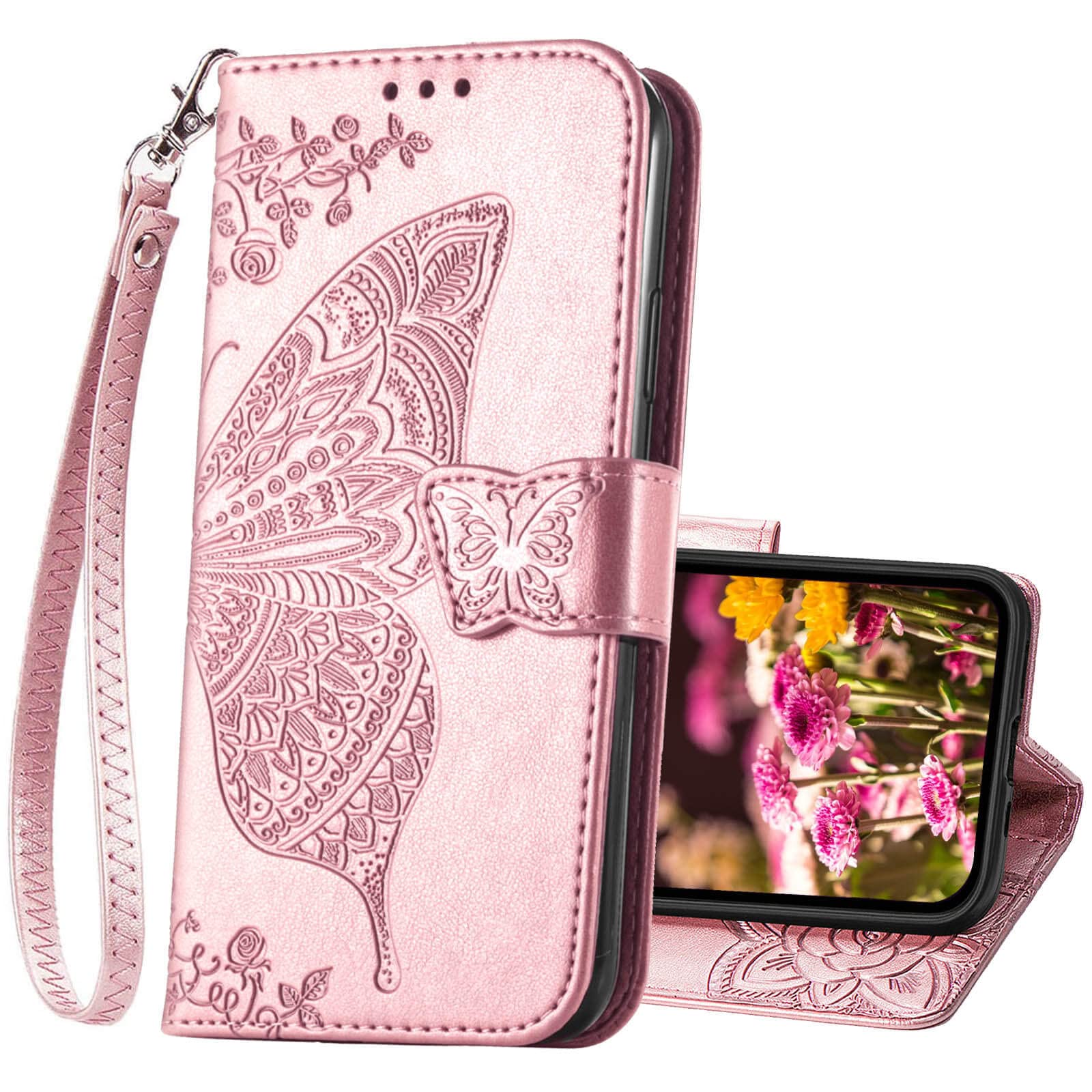 Photo 1 of KRHGEIK for iPhone 13 Case Wallet for Women,Flip Folio Butterfly Embossed PU Leather Stand Card Holder Slots Wrist Strap Protective Phone Cover for iPhone 13 (Rose Gold)