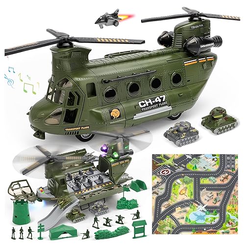 deAO Military Helicopter Toys Set Transport Helicopter Soldier Army Men Action Figures and Play Map, Army Toys Military Toys Christmas Birthday Party Gifts for Kids