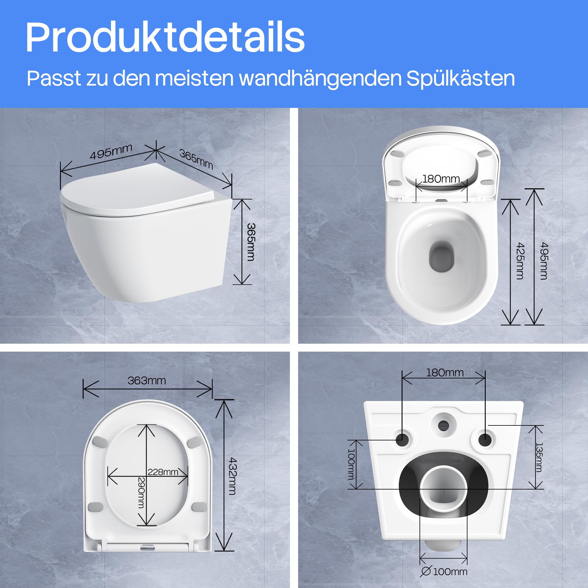 NeoArt Spülrandloses Hänge-WC, Leises Und Wassersparendes Hochleistungs-Spülsystem, Wand-WC Mit Abnehmbarem WC-Sitz Mit Absenkautomatik, Mehrere Farben Verfügbar,49.5 cm (Weiß) 7