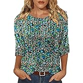 KISSMODA Women's Round Neck Pleated 3/4 Sleeve Tunic Top