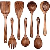 Wooden Non-Stick Kitchen Pan Toolset 7 Pieces Set,100% Natural Teak Kitchen Utensils Spatula, Wooden Cooking Utensils Spoons, Fried Spatula and Salad Fork