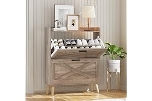 Homleke Farmhouse Shoe Storage Cabinet with 2 Flip Drawers and Barn Door Design, Adjustable Shelves, Modern Hidden Slim Narrow Shoe Rack Cabinet for Entryway, Foyer, Hallway, Living Room, Greige