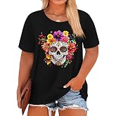 Plus Size Dia De Los Muertos Shirt Women Day of The Dead T-Shirts | Dia De Los Muertos Shirts Women Plus Size Sugar Skull Tshirts Skull Skeleton Print Tees Mexican Short Sleeve Halloween Tops