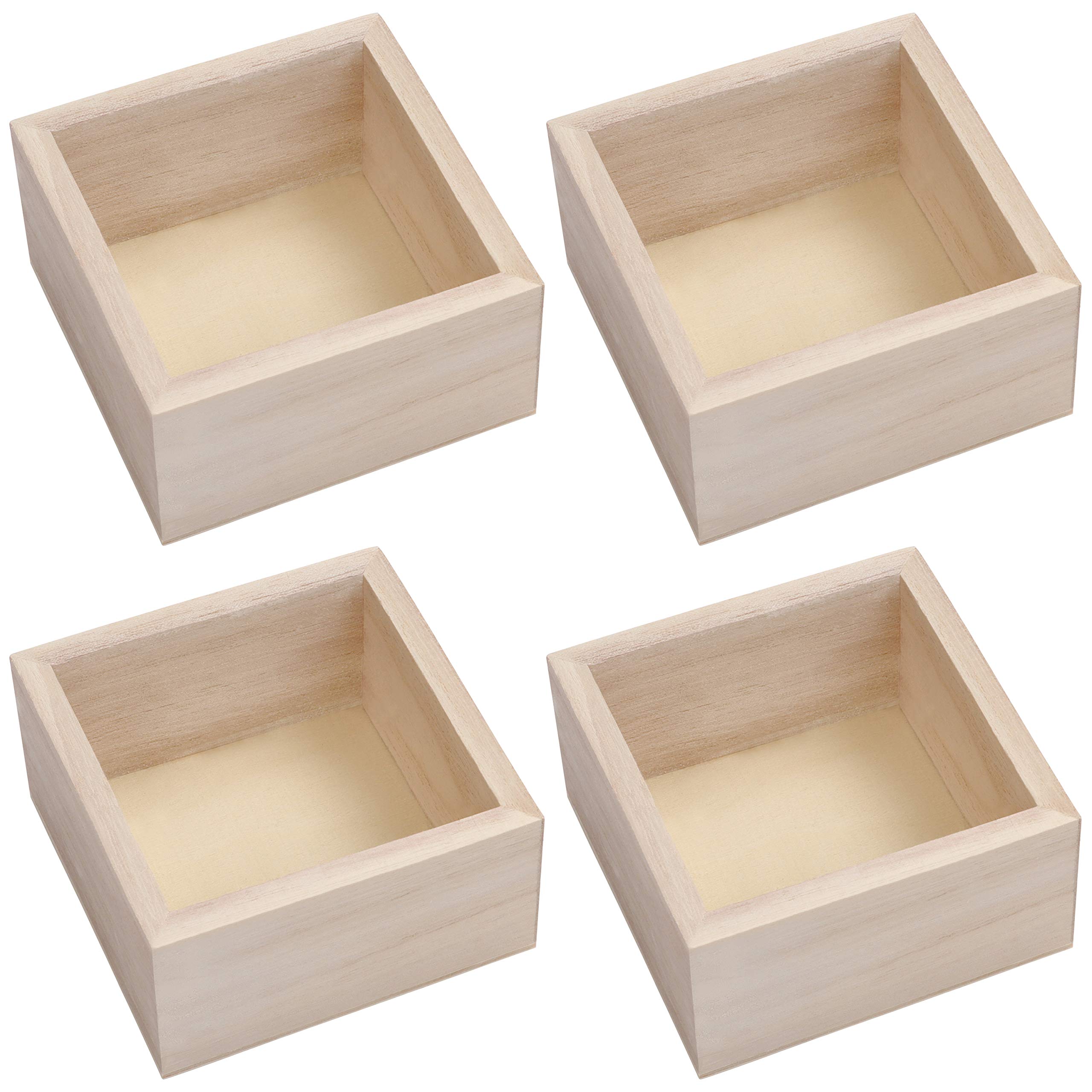 BELLE VOUS Square Unfinished Wooden Craft Storage Organiser Boxes (4 Pack) - 9.5 x 9.5 x 5cm - Rustic Natural Wood Container Box Set for Home/Venue Decor, Collectibles, Succulents and DIY