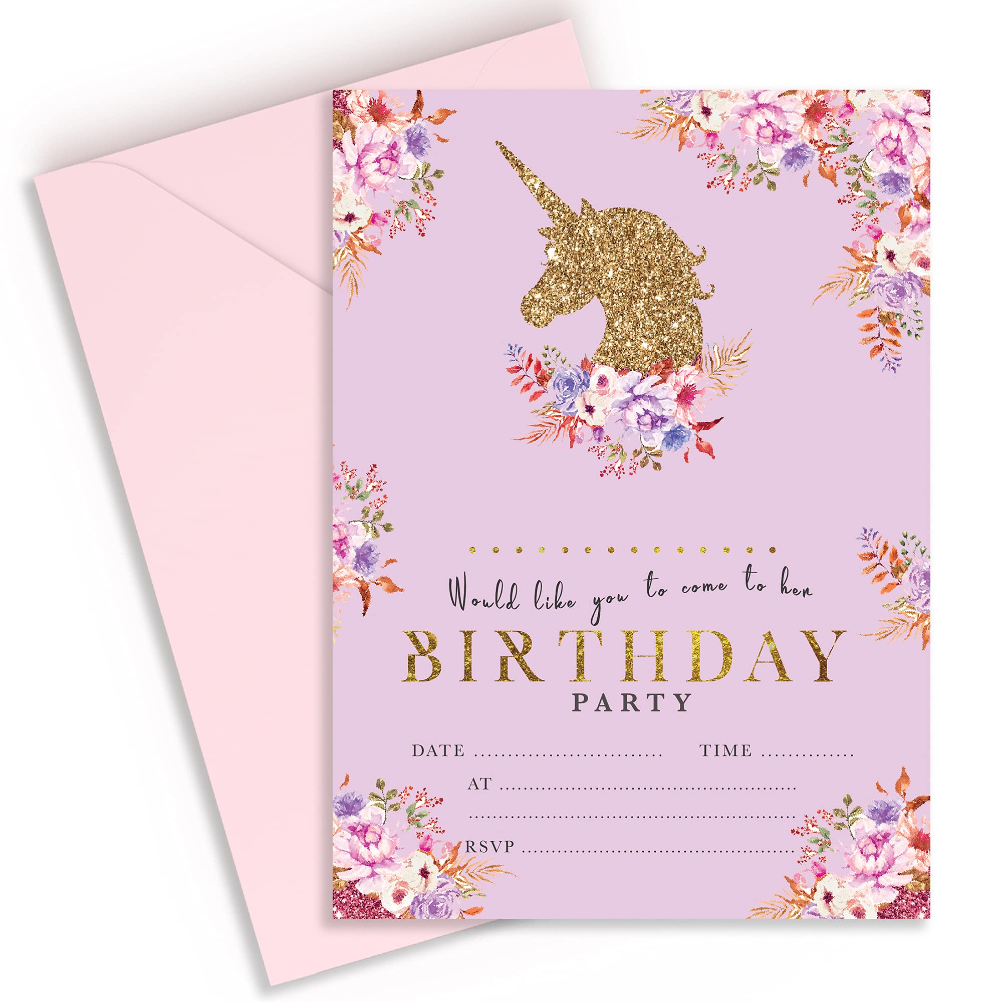 Unicorn Birthday Party Invitations for Girls | Pink Kids Magical Kids Invites for Children (30 x Pack Cards & Envelopes)