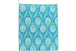 MILLIE ROSE DESIGNS Millie Rose Tennis Towels in Multi Fashion Prints - Soft Microfiber Cotton 15x17 inch Tennis Towels with Carabiner Clip - Tennis Gifts (Blue & Green Tennis Racket)