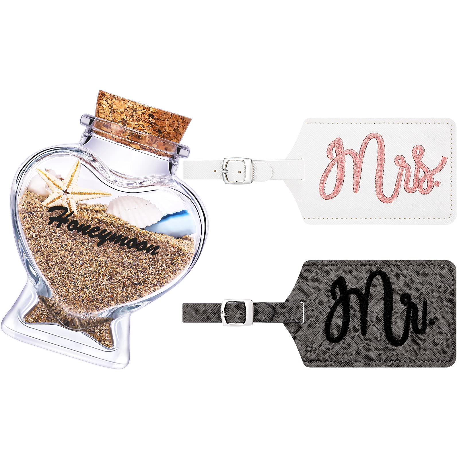 Frienda 2 Pcs Mr and Mrs Luggage Tags Set Honeymoon Sand Keepsake Jar, Honeymoon Just Married Luggage Tags Glass Bottle with Cork for Couples Wedding Bride Shower Souvenir Gifts, Multicolor, 6.7 x 3