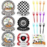 96Pcs Monster Truck Birthday Party Plates and Napkins Forks for Truck Birthday Party Decorations Monster Machine Themed Paper Plates Checkered Tableware for Kids Serves 24 Racing Car Parties Supplies