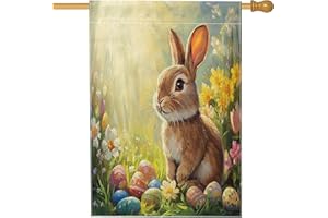 Spring Easter Bunny Rabbits House Flags 28”x40” Double Sided for Decorative, Eggs Floral Field Front Yard Canvas Home Flags, 